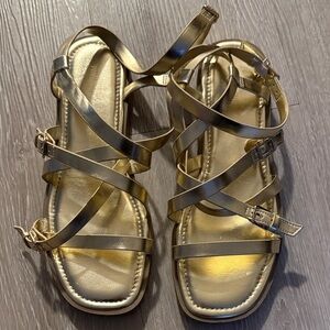 NINE WEST GOLD LEATHER STRAPPY GLADIATOR SANDALS, SIZE 8.5